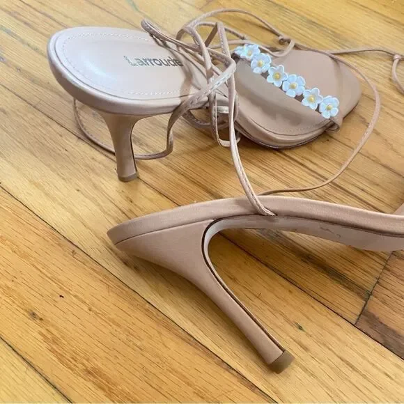 Larroude Goldie Sandals high heels shoes Tan Leather lace up flowers Sz 8.5 - Picture 14 of 15